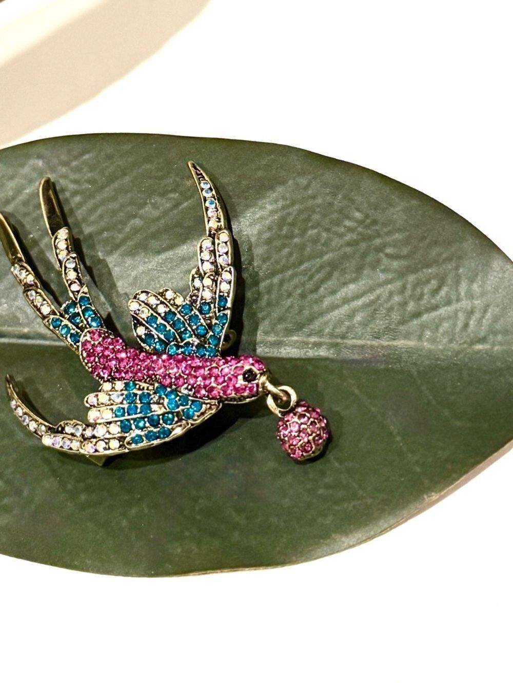 Colorful Crystal Bird Brooch Pin Pink Teal